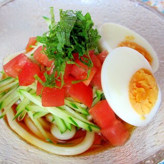 トマトとキュウリとゆで卵のさっぱりサラダうどん